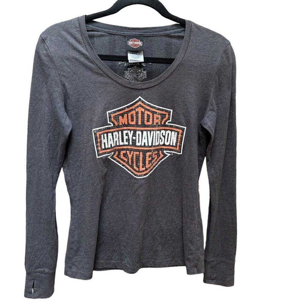 Harley-Davidson Atlanta Sequin Logo Bling‎ Long Sleeve Shirt Gray Biker Size M